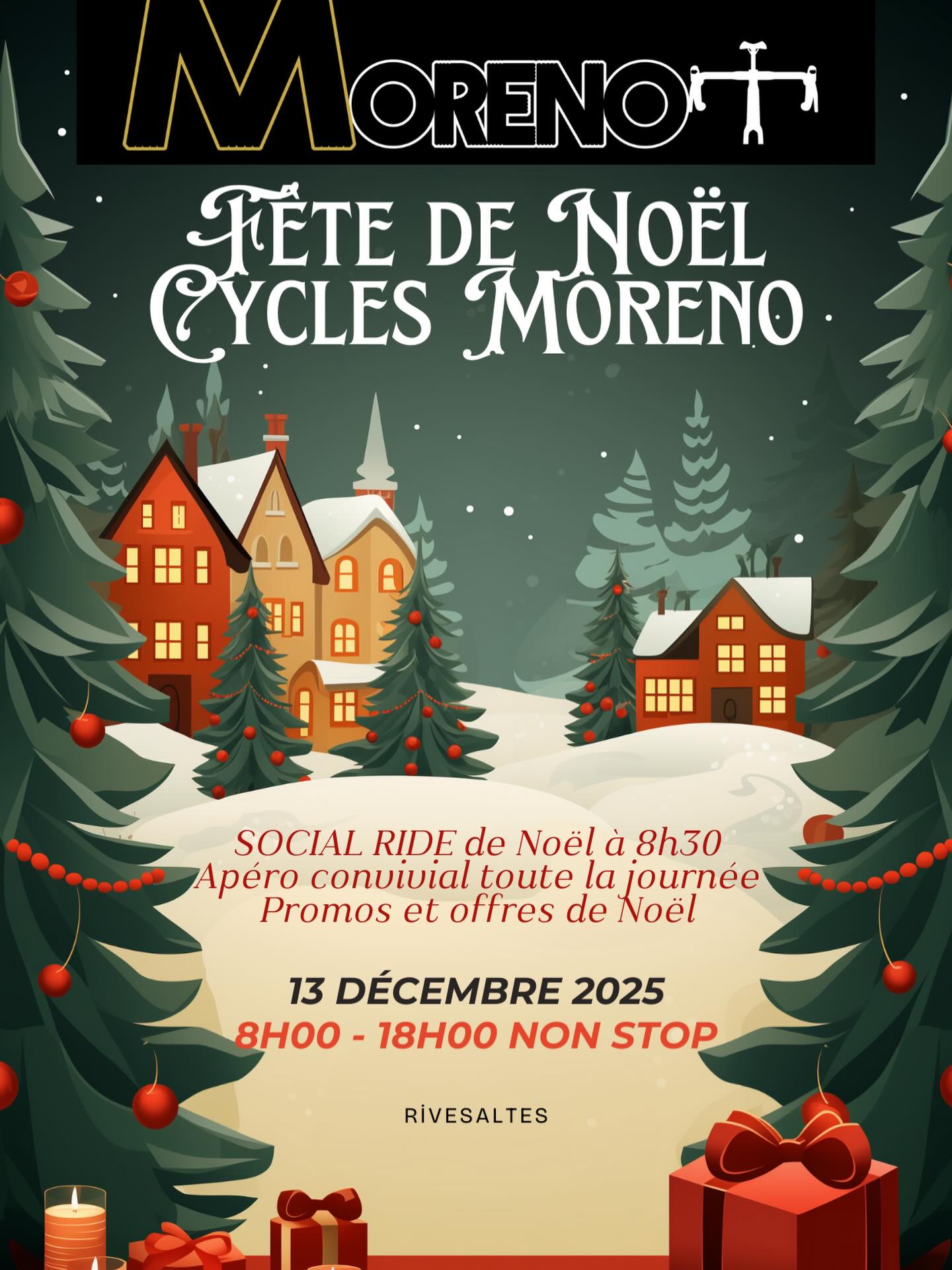 Rdv le 13 Décembre ?
Ouverture Non Stop de 8h à 18h 
Ride route départ 8h30 (~ 50kms)
Buffet/ apéro toute la journée 
Promos et idées cadeaux 
À vélo, en voiture, seul ou entre amis, pour 5 minutes ou toute la journée, Passez!! 
#cyclesmoreno...